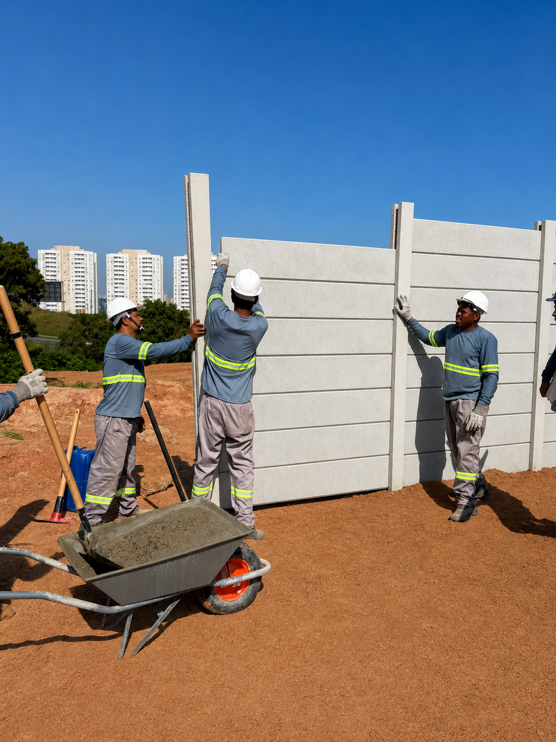 Equipe Torre Forte montando muro pré-moldado